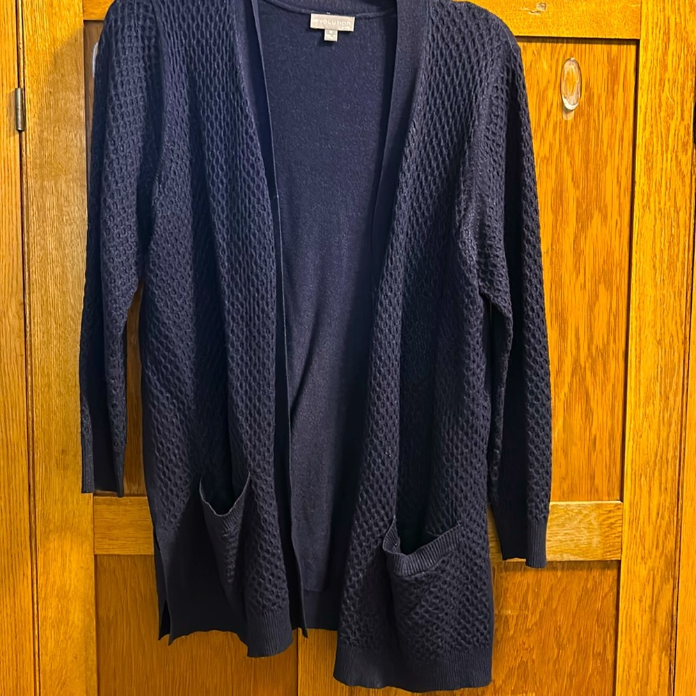 Evolution Navy blue long cardigan. 1X good condition no rips, stains or tears